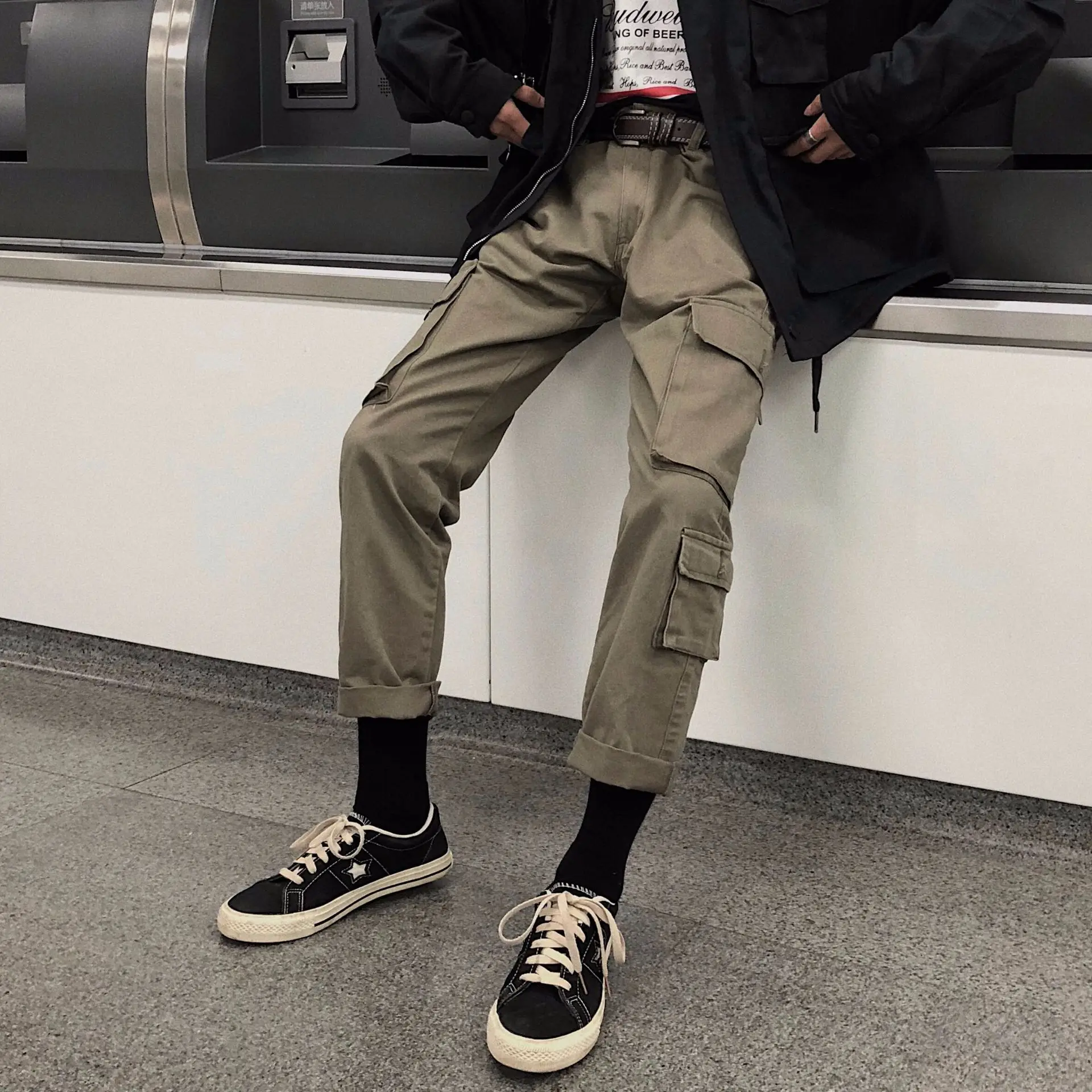 

2018 Summer New Style Men Popular Brand Multi-pockets Solid Color Casual Pants Youth Hong Kong Style Loose Straight Trousers Pur