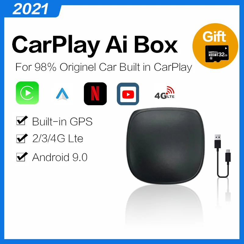 2 0 Applemini Carplay Ai Box Android Автомобильный мультимедийный плеер беспроводной Авто 4 + 64 ГБ