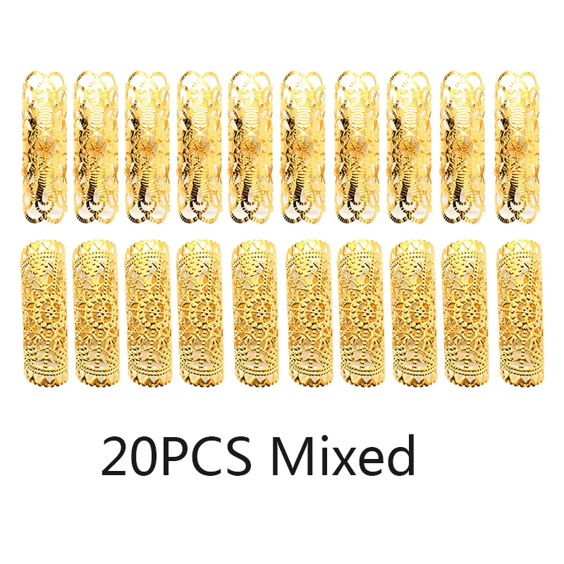 20PCS Mixed 20 шт. круглые регулируемые золотые металлические бигуди-липучки бусины кольца манжеты аксессуары для волос дреды манжеты клип украшения для волос косы - Цвет: 20PCS Mixed
