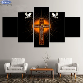 

5D DIY Diamond Painting Cross Stitch kit 5 Pieces Glowing Jesus Cross dove Full diamond Embroidery Diamond Mosaic Sticker Decor