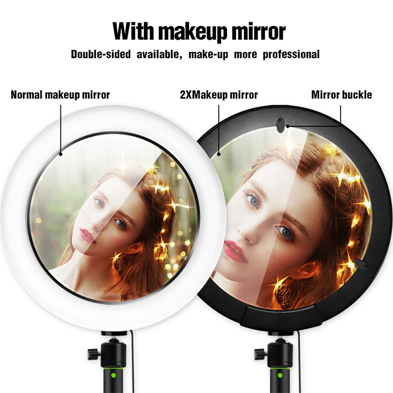 High Quality LED Ring Light 26cm With Double Side Mirror Photography Lights for Video Makeup Ring Lamp With Tripod Selfie Stick