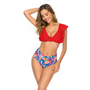 

2020 Women Sexy Bikini Set Swimsuit Ruffles Sleeve Floral Print Beachwear Push Up Bathing Suit Brazilian Swimwear