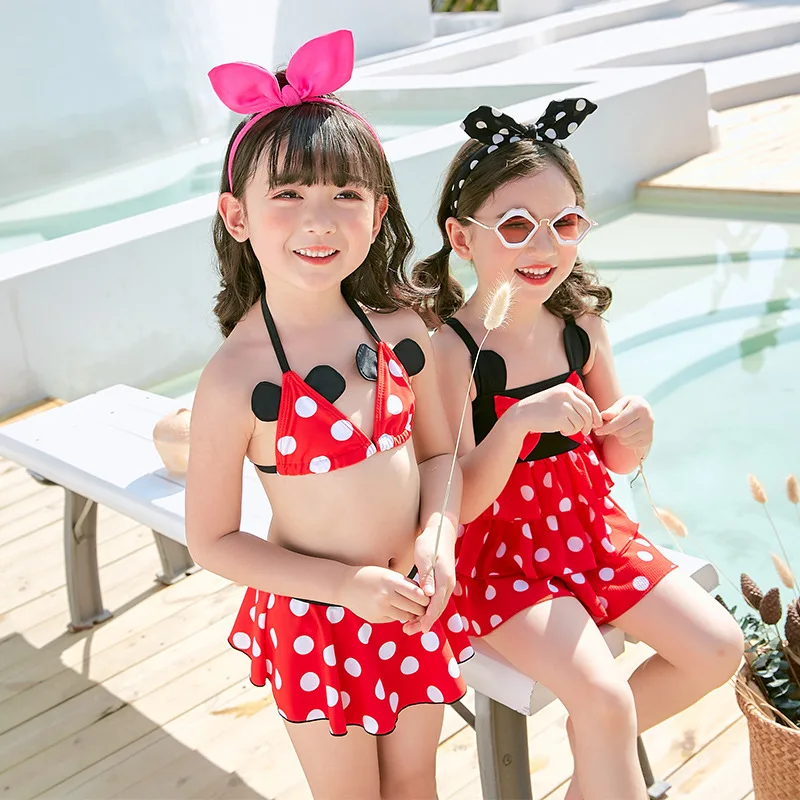

Cute Mickey Bow One-piece Swimsuit for Children GIRL'S Small CHILDREN'S Swimwear High-waisted Polka Dot Multilayer Skirt Korean-