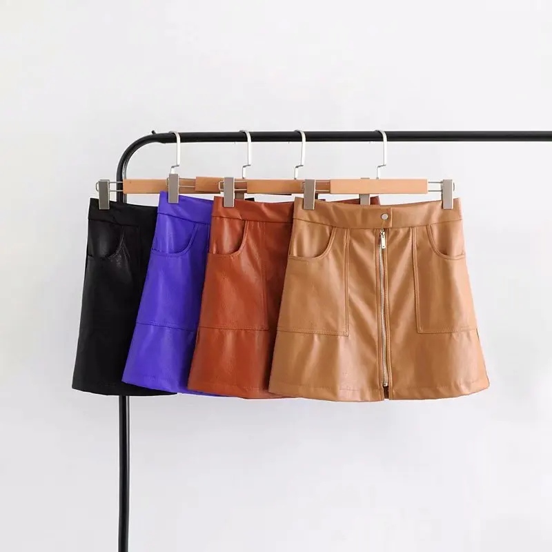 

Ctl-tl7099 WOMEN'S Dress Elegant Retro Fashion A- line Zipper Patch Pocket PU Leather Half-length Mini Short Skirt