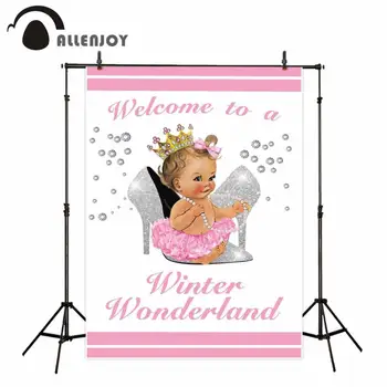 

Allenjoy Winter Wonderland Photophone Pink Stripe Pearl Necklace Grown Sliver High Heels Wall Decor Girl Shower Party Curtain