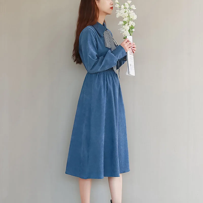 2020 Mori Girl Autumn Spring Women Dress Long Sleeve Vintage Corduory Dress Turn-Down Collar Blue Elastic-Waisted Ribbon Dresses
