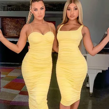 

Liooil Sexy Ruched Bodycon Midi Dress Women Clothes Summer 2020 Sleeveless Strapless Night Club Party Tight Fitted Dresses