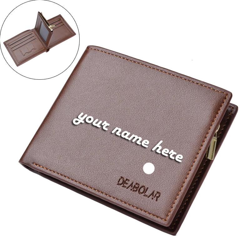 Men Wallet Short Custom Trifold Card Holder Zipper Pocket Bag PU Leather Wallets Purse Engraved Name Personalized Gift for |