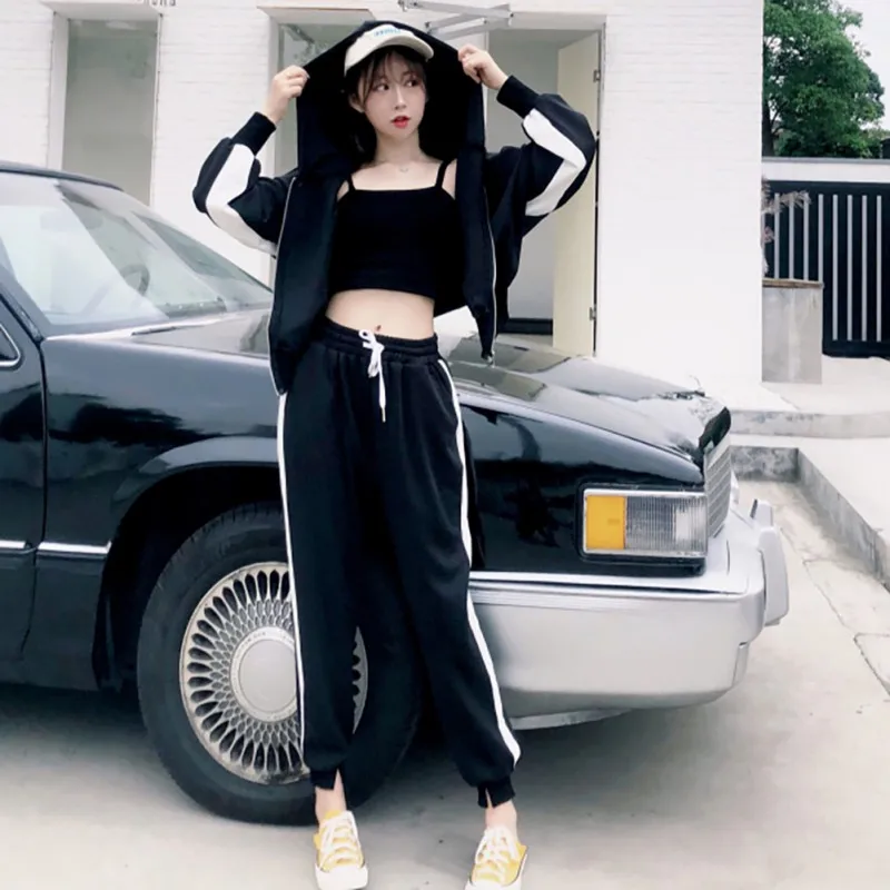 Женские повседневные комплекты осенние свободные в Корейском стиле хип-хоп Уличная одноцветные кофты с капюшоном+ брюки комплект из двух предметов