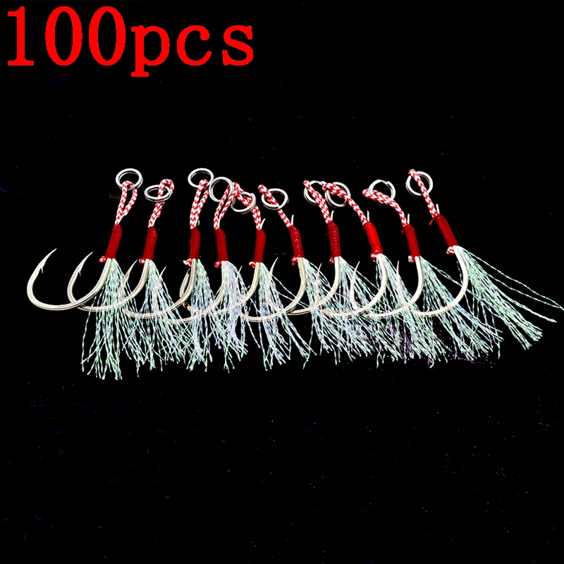100pcs/Lot Assist Hook Fishing Lure Slow Jigging Fish Cast Jigs Barbed Single Jig Hooks Thread Feather Pesca Carbon Steel Peche | Спорт и
