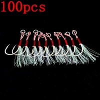 100pcs/Lot Assist Hook Fishing Lure Slow Jigging Fish Cast Jigs Barbed Single Jig Hooks Thread Feather Pesca Carbon Steel Peche 1