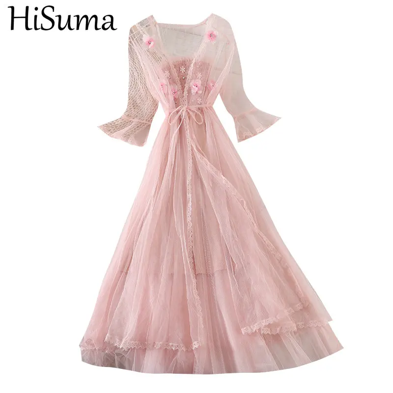 Летнее женское платье HISUMA 2 шт. с жемчужными бусинами на бретельках 3D кружевами