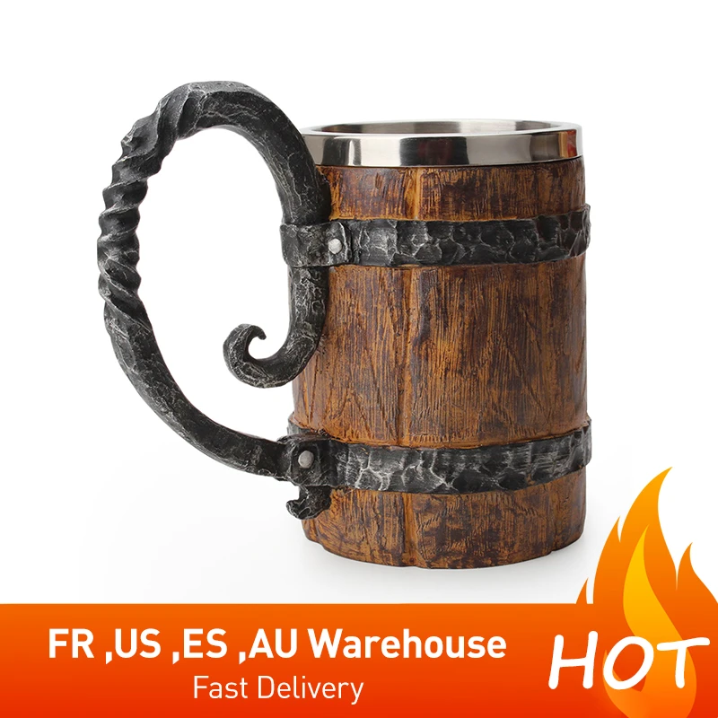バイキング木スタイルバー飲料マグ1pc 500ミリリットルビールジョッキ男性シミュレーション木製バレルビールカップダブルウォール飲料マグドロップシップ マグカップ Aliexpress