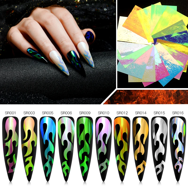 

T-TIAO CLUB Nail Art Adhesive Fire Nail Transfer Decals Sticker Set Holographic Flame DIY Nails Foils For Nail Tips Manicure