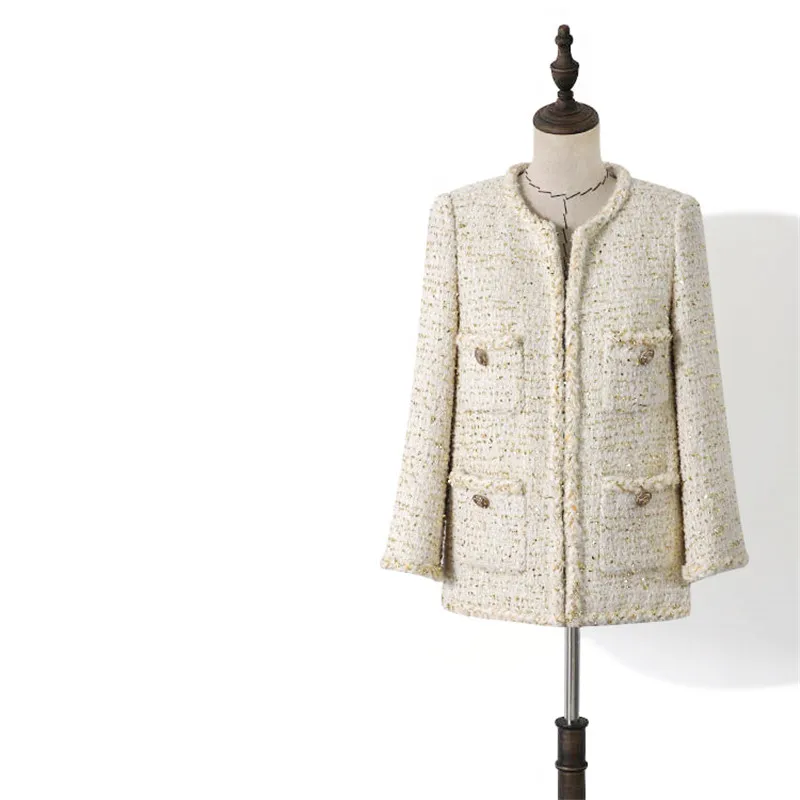 

Handmade Luxury Jacket for Women Fashion Causel O Neck Covered Button Tweed Wool Loose Long Coat