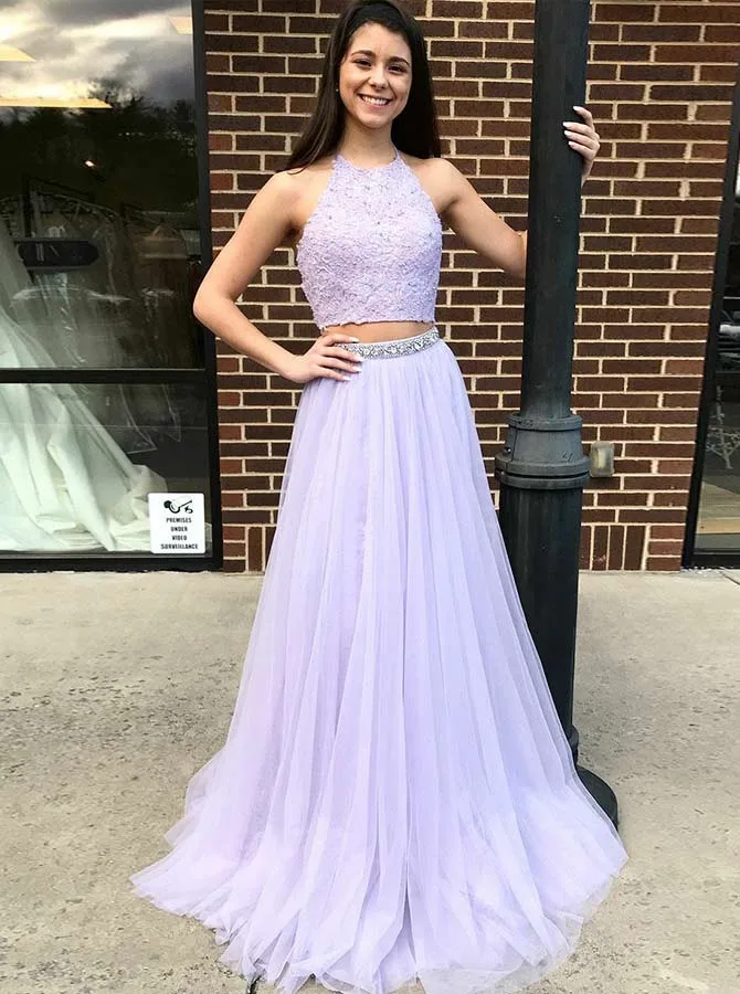 

Two Piece Prom Dress Jewel Sweep Train Purple Tulle Prom Dress with Appliques Beading