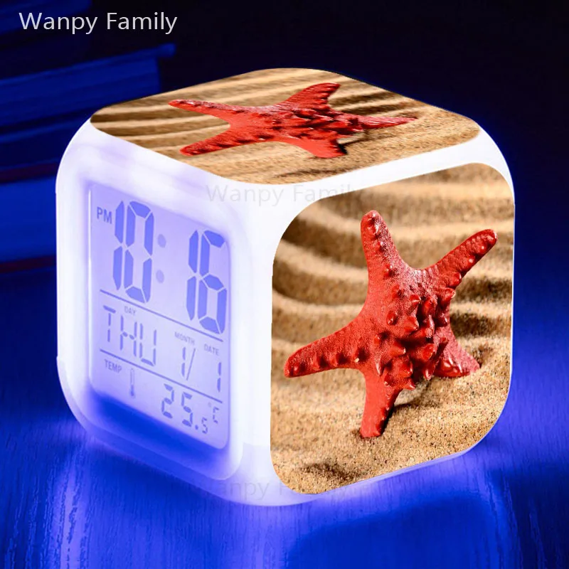 Beach Starfish Led Alarm Clock 7 Color Changing Digital Alarm Clock For Kids Room Multifunction