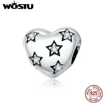 

WOSTU Authentic 925 Sterling Silver Stars with Heart Charm for Original Silver DIY Bracelet or Bangle jewerly Make FIC1663