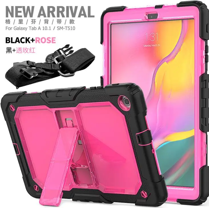 Pink Чехол для планшета для Samsung Galaxy Tab A 10,1 SM-T510 SM-T515 T510 T515 противоударный Heavy Duty с подставкой Повесьте обложка+ ручка+ защитная пленка на экран - Цвет: Pink