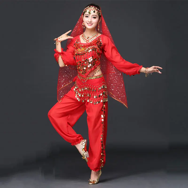 red long sleeves Женское танцевальное сари, одежда для танца живота, индийский костюм, набор Болливуда, 8 шт., красный, желтый, фиолетовый, розовый, красный, синий - Цвет: red long sleeves