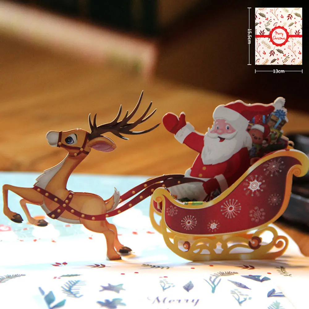 Colorful Elk Carriage Card Invitations Blessing New Christmas Postcard Handmade Deer Car Creative Wishes 3D Greeting Card Event