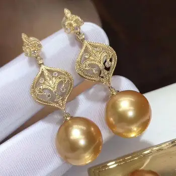 

D123 Fine Jewelry Pure 18 K Gold Diamonds Natural Ocean Sea Golden Pearls Drop Earrings for Women Fine Pearl Earrings