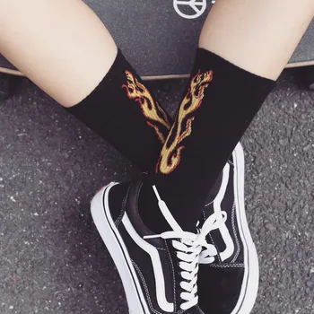 

Men Hip Hop Hit Color On Fire Crew Socks Cotton Summer Spring Red Flame Blaze Power Torch Hot Warmth Street Skateboard Socks