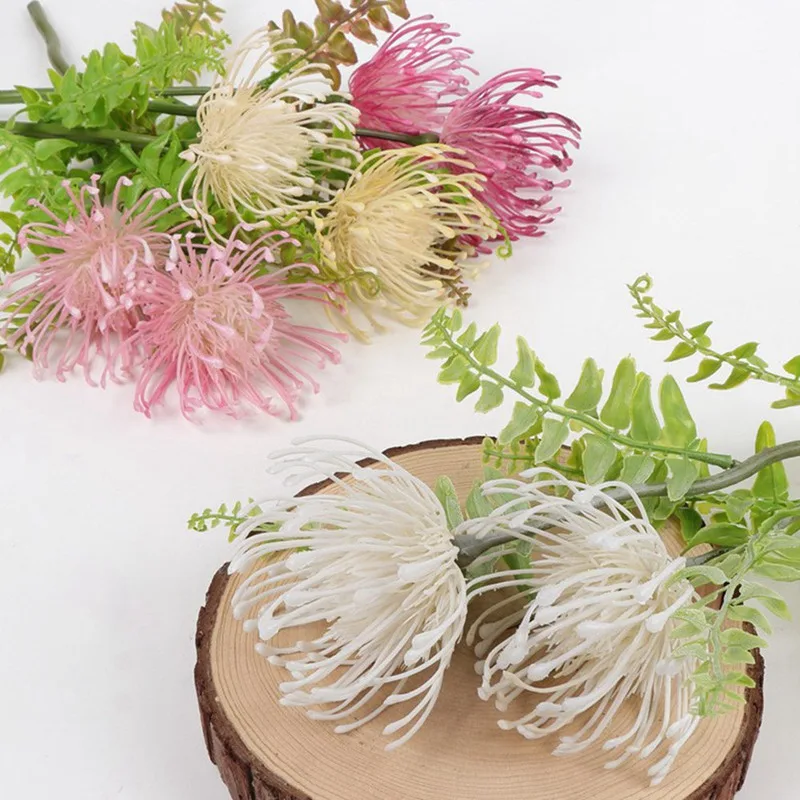 Флокированные Leucospermum искусственные цветы для свадебного украшения Флорес Искусственные пластиковые искусственный цветок растение Флер искусственные