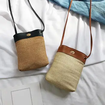

Straw Woven Messenger Handbags Summer Beach Buckle Women Small Knitting PU Leather Splicing Shoulder Crossbody Bags
