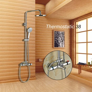 

Chrome Thermostatic Shower Faucets Set Wall Mounted 8" Shower Head Dual Handles Thermostatic Mixer Tap Valve Bathroom Shower