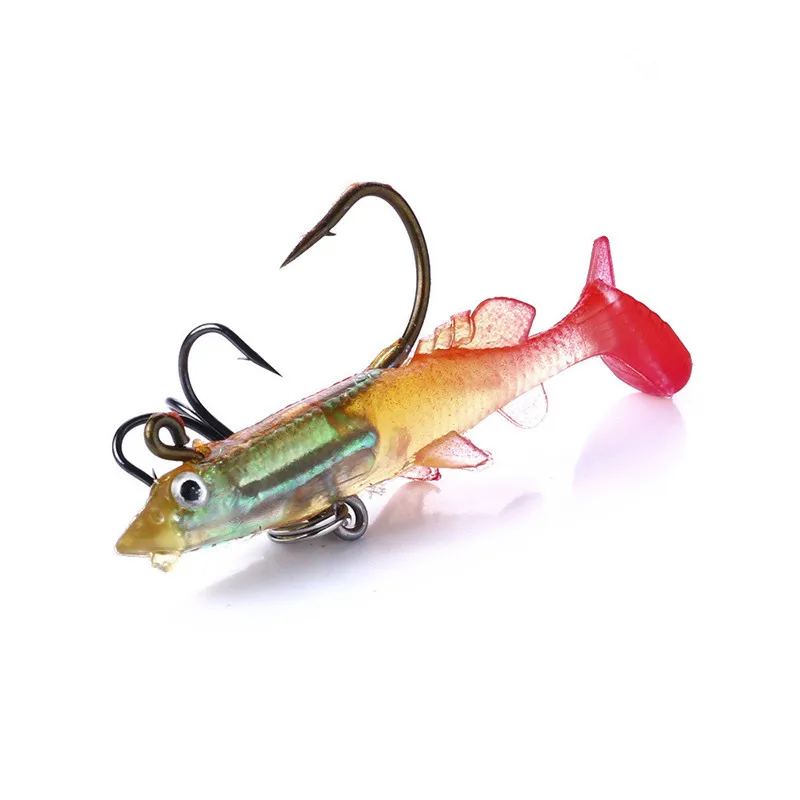 

5PCS/Lot Lead Fishing Lures 60mm/4g 3D Eyes T Tail Soft Fishing Lure Double Hooks Baits Artificial Rubber Bait Jig Wobblers