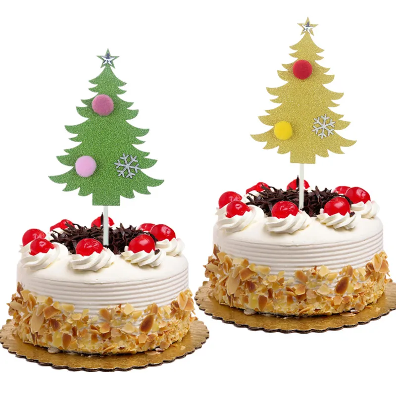 Christmas Tree Cake Toppers With Snow Star and Ball Gold Green Glitter Paper Board Cake Flag Xmas New Year Party Cake Decor