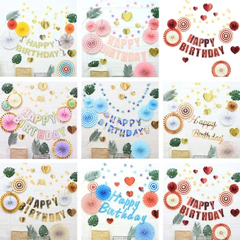 

25pcs Happy Birthday Banner Decorations Baby Shower Party Favors Artificial Paper Flower Fans Star Garland Decor First Birthday