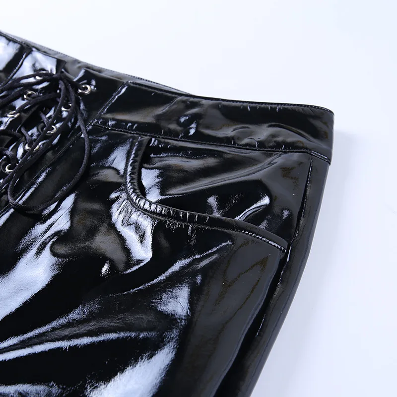 Темные Сексуальные женские брюки из искусственной кожи, высокая талия, на шнуровке, обтягивающие,, Панк готика, Харадзюку, модные уличные брюки для женщин