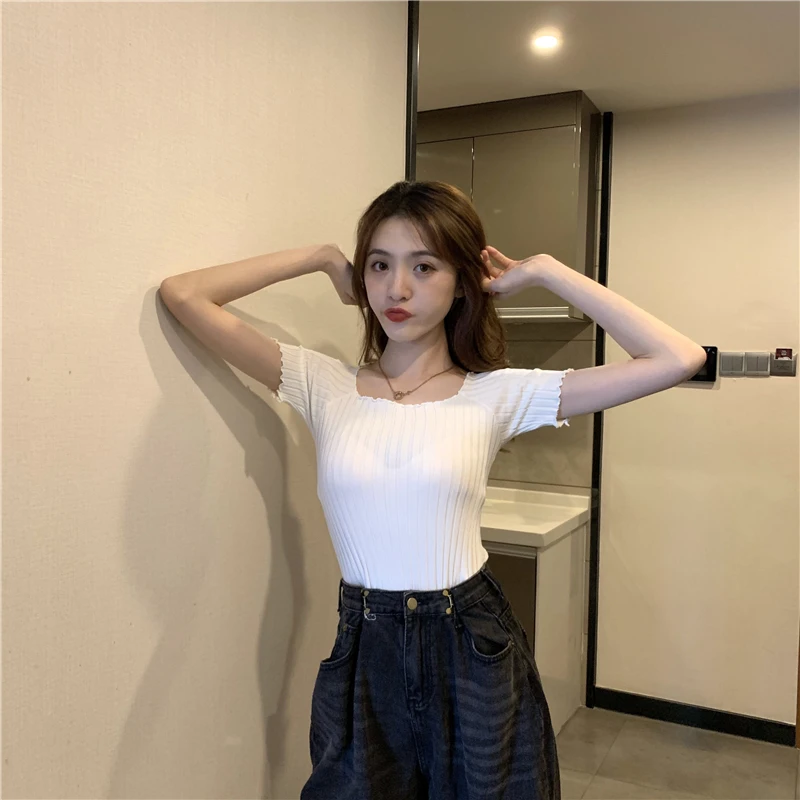 HELIAR Women T-shirt Off Shoulder Knitting Crop Tops Women Fashion Solid Short Sleeve Skinny T-shirts Women 2020 Summer