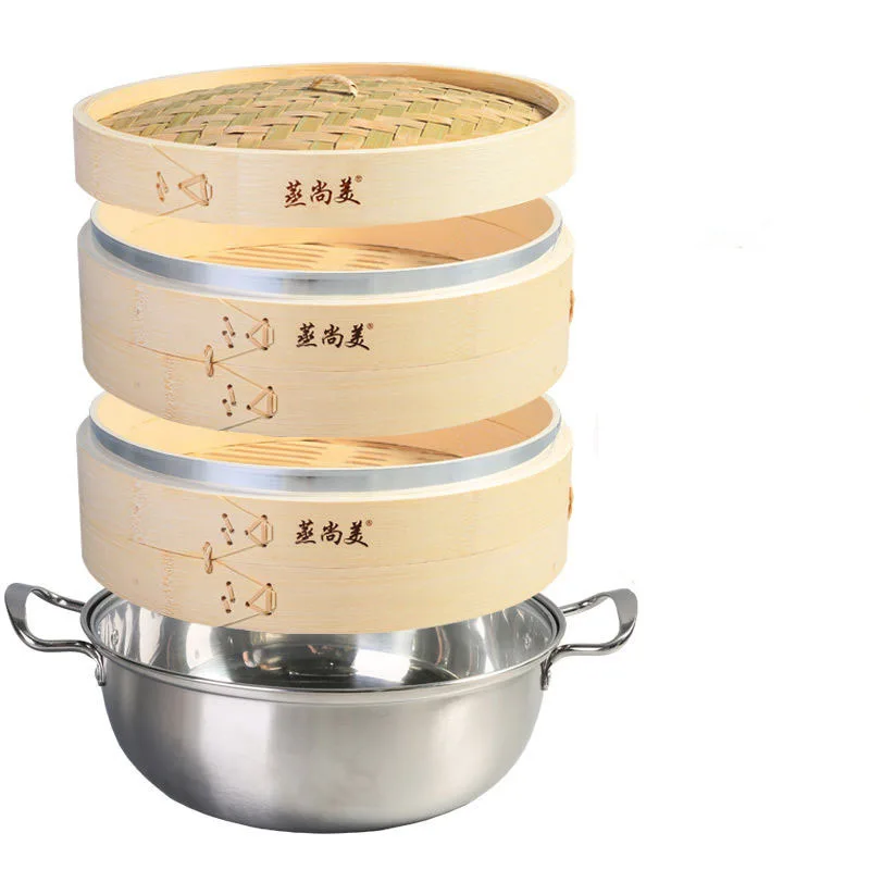 Stainless Steel Steamer Composite Bottom Thick Double Soup Pot Handle Bamboo Three-layer Drawer | Дом и сад