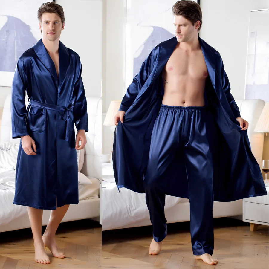 

2019 Autumn and Winter Newest Bathrobes for Men Simulation Silk Nightgown Home Clothes Ice Silk Long Cardigan Bathrobe