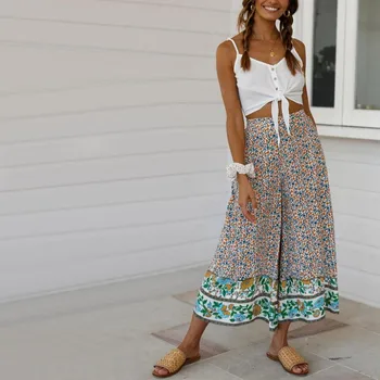 

Women Summer Trousers Fashion Floral Printed Loose Wide Leg Pants Boho Elastic Waist Casual Ankle-Length Straight Pants
