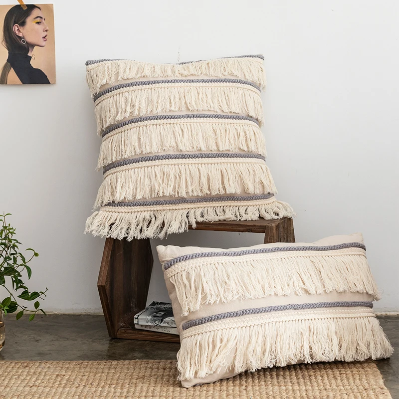 

Beige Cushion Cover Tassels Fringe Grey Cotton Linen Embroidery 30x50cm/45x45cm Pillow Cover for Sofa Bed Chair Home Decorative
