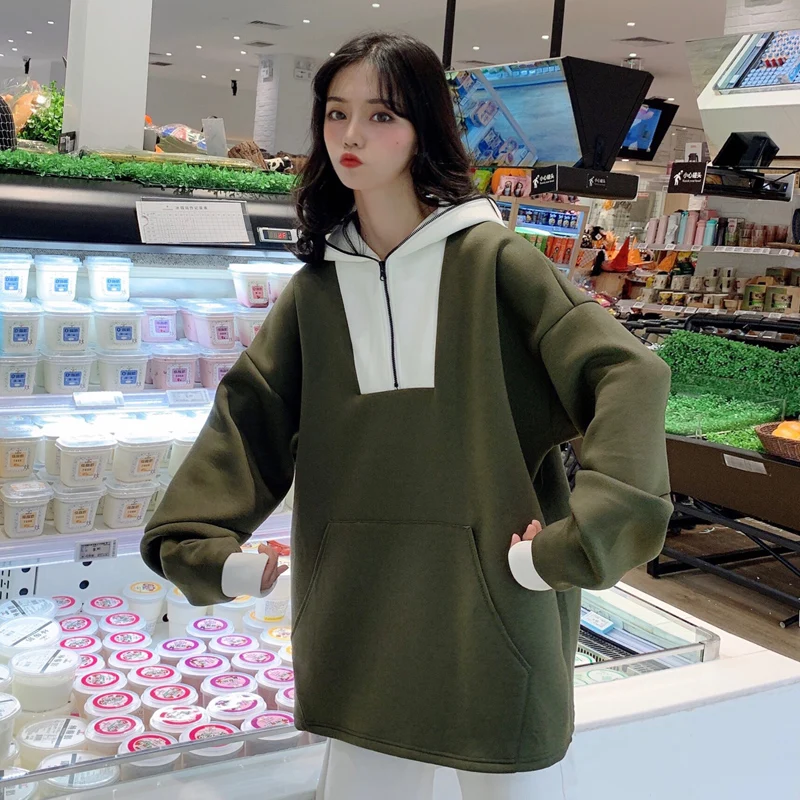 Армейский зеленый HAYBLST Брендовые женские толстовки новые осенние зимние Kpop Kawaii повседневные топы свободного размера плюс 2XL на молнии с длинным рукавом - Цвет: Армейский зеленый