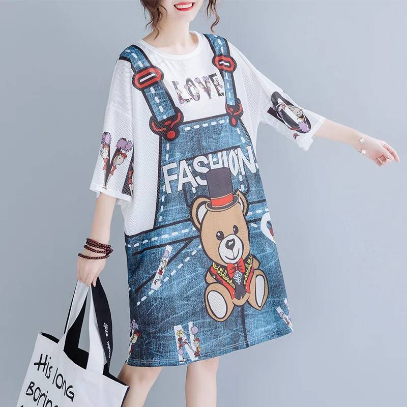 Summer Women Ladies Cartoon Bear Loose BF Tshirt Female Harajuku Mesh T-shirt Funny Denim Blue Color Long Tops Tees | Женская одежда