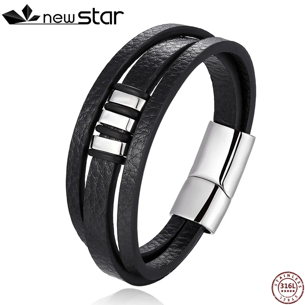 

Punk Braid Leather Bracelet Stainless Steel Bangle for Men Jewelry Black Rope Chain Double Layer Steel Beads Jewelry For Unisex