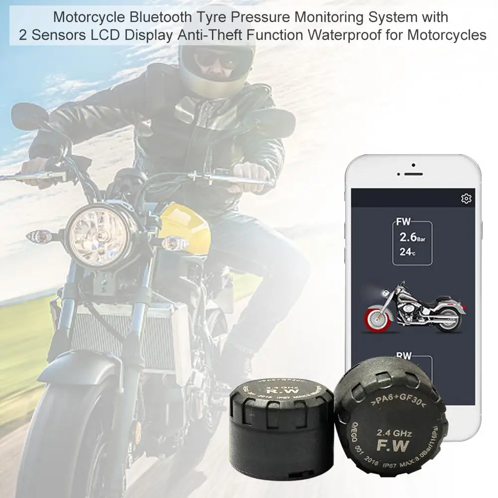 

Motorcycle Bluetooth Tyre Pressure Monitoring System With 2 Sensors LCD Display Anti-Theft Function Waterproof For Motorcycles