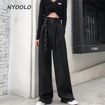 

NYOOLO Casual streetwear Double belt elegant loose wide leg trousers women Summer high waist full length black pants
