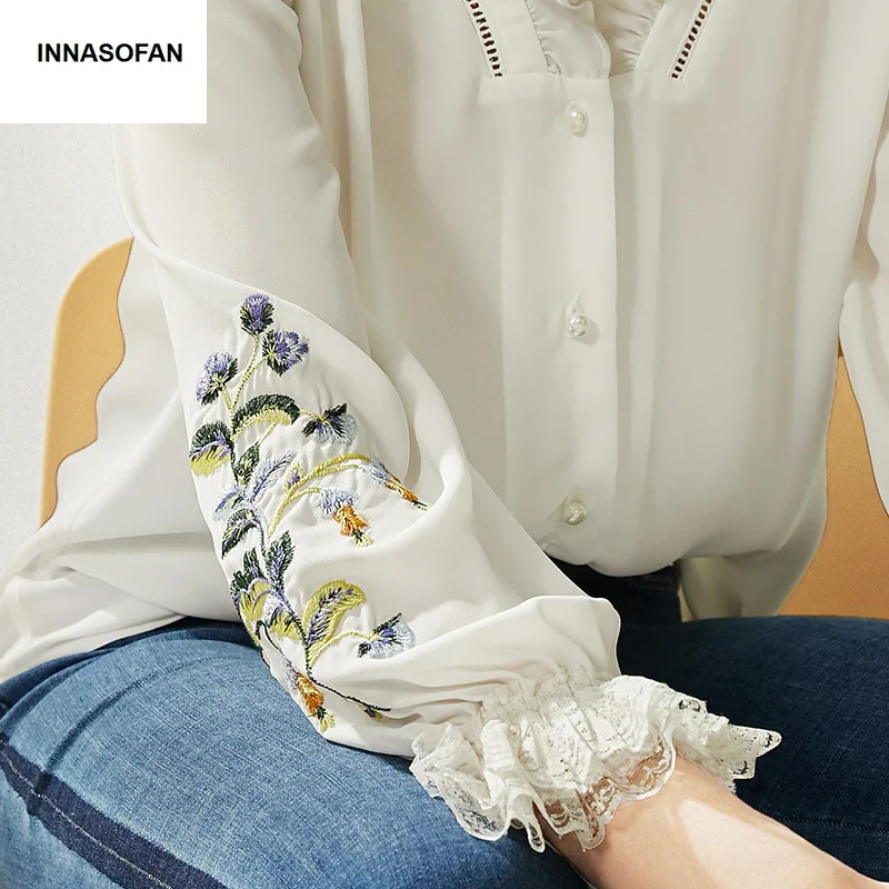 INNASOFAN OL шифоновая рубашка Женская весенне-осенняя блузка с длинными рукавами евро-американская мода шикарная v-образным вырезом Цветочная вышитая рубашка