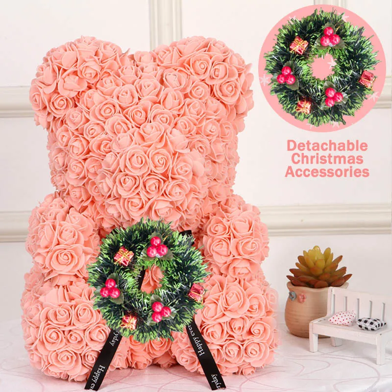 Christmas Gift 40cm Red Bear Rose Artificial Soap Roses Teddi Bear Eternal Rose Flower Valentine Garland Gift Girl Friend Love - Цвет: Indy Pink 40cm