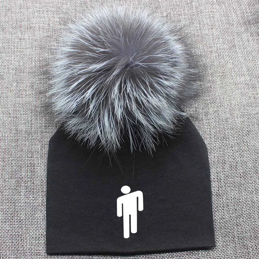 black6 Одежда для новорожденных Хлопковая шапочка для младенца Bille eilish модная футболка без рукавов для помпоном шапка, сезон осень-зима Повседневное из натурального меха, шапка с помпоном Кепки - Цвет: black6