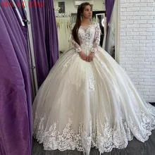 Cheap Gorgeous Arabic Dubai Lace Beaded Wedding Dress Long Sleeves Sheer Neck Crystals Bridal Gowns Corset Back robe mariee mariage Cheap Gorgeous Arabic Dubai Lace Beaded Wedding Dress Long Sleeves Sheer Neck Crystals Bridal Gowns Corset Back robe mariee mariage