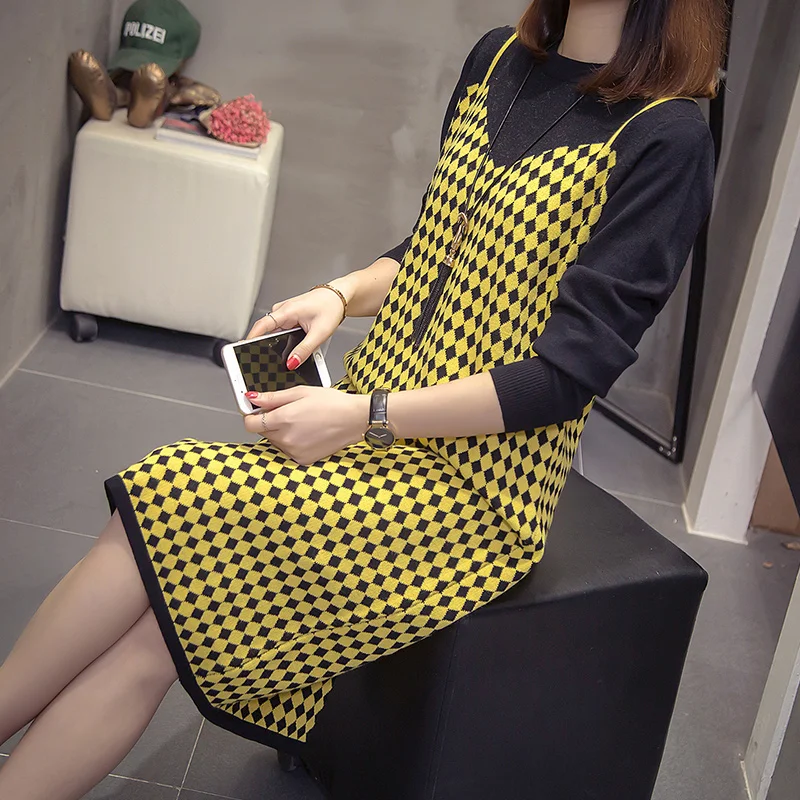 

XL-4XL Plus Size Women Sweater Dress Autumn Winter 2019 Long Sleeve Patchwork Vintage Plaid Pattern Ladies Knitted Warm Dresses