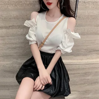 

Women Off Shoulder T-Shirt Summer Fashion Tee Shirts Short Sleeve Stitching T Shirt Tops